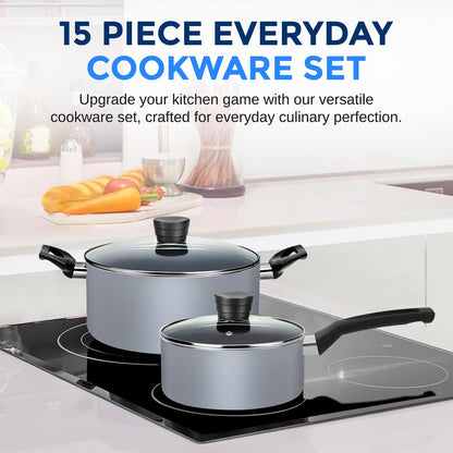 15-Piece Non-Stick Cookware Set Even Heat Black Coating
