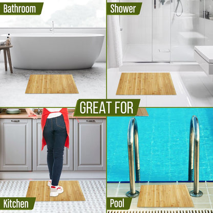 Bamboo Bath Mat - Water-Resistant Non-Slip Foldable Natural Wood