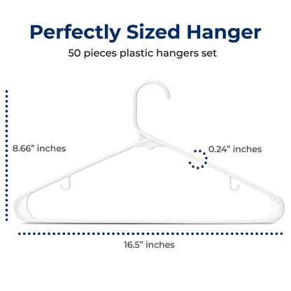 50-Pack White Plastic Hangers - Space-Saving Durable Non-Snag Design