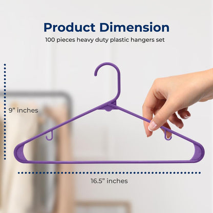 100 Pack Non-Slip Space-Saving Plastic Hangers Sturdy Purple