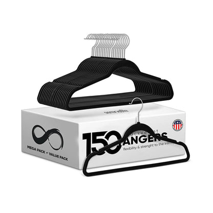 Velvet Non-Slip Hangers 150-Pack Heavy Duty 360° Swivel Hook Black