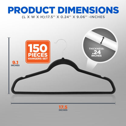 Velvet Non-Slip Hangers 150-Pack Heavy Duty 360° Swivel Hook Black