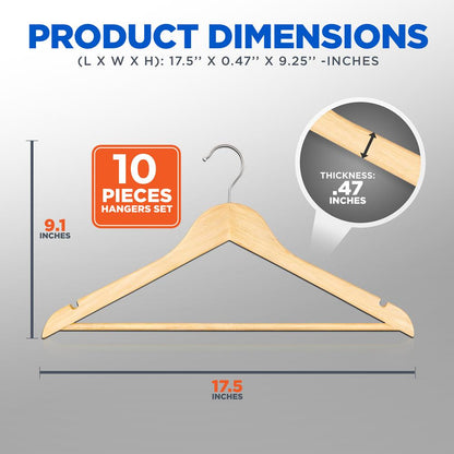 10-Pack Wooden Coat Hangers - Durable Space-Saving 360¬8 Swivel Hook Natural