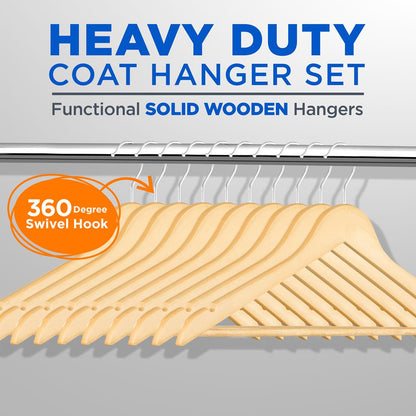 30-Pack Heavy Duty Wooden Hangers - 360° Swivel Hook Natural Finish