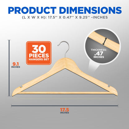 30-Pack Heavy Duty Wooden Hangers - 360° Swivel Hook Natural Finish