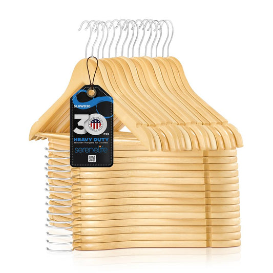 30-Pack Heavy Duty Wooden Hangers - 360° Swivel Hook Natural Finish