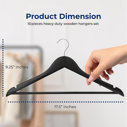 10-Pack Wooden Coat Hangers - Durable Space-Saving 360° Swivel Hook