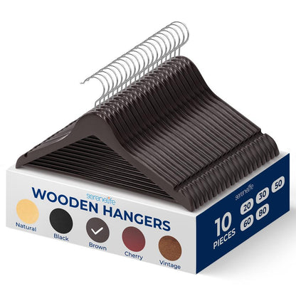 Wooden Coat Hangers 10-Pack Durable 360° Swivel Hook Natural Wood