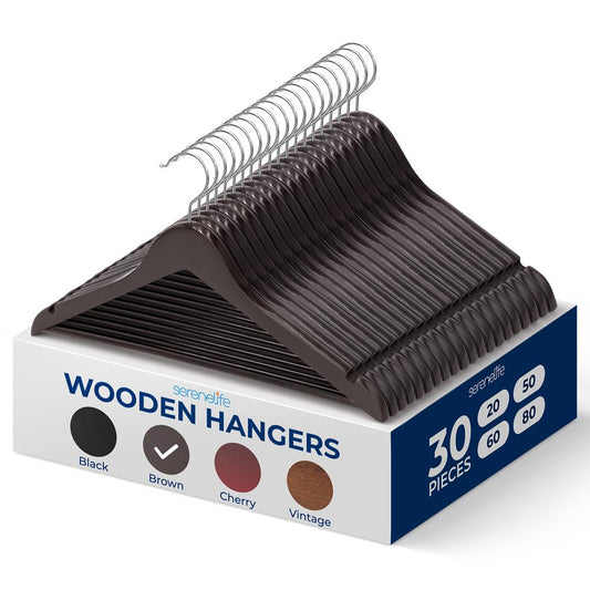 30 Wooden Coat Hangers - Durable Space-Saving 360° Swivel Hook Brown