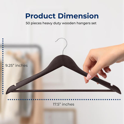 50-Pack Wooden Coat Hangers - Durable Space-Saving 360° Swivel Brown