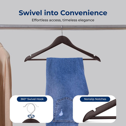 50-Pack Wooden Coat Hangers - Durable Space-Saving 360° Swivel Brown