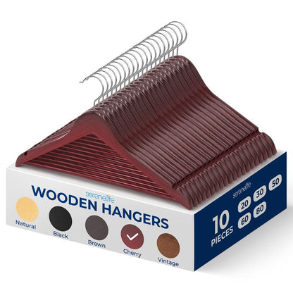 10-Pack Wooden Coat Hangers - Durable Space-Saving Cherry Finish
