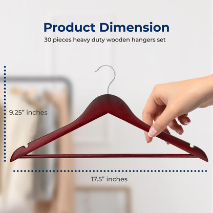 30 Pack Wooden Coat Hangers - Durable Space-Saving 360° Swivel Hook - SLHWDCHRY30
