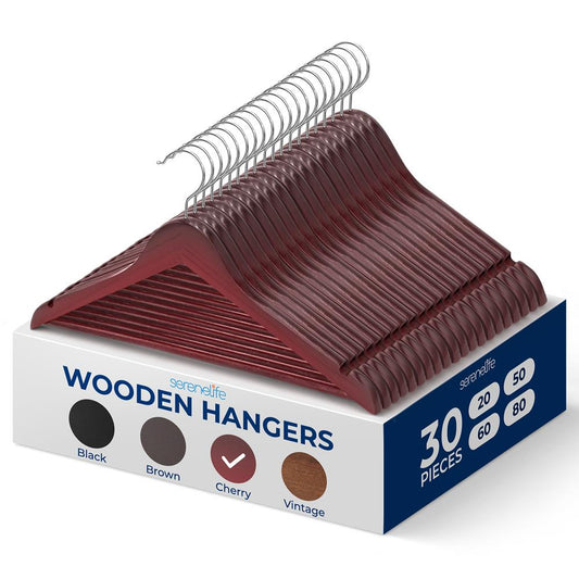 30 Pack Wooden Coat Hangers - Durable Space-Saving 360° Swivel Hook - SLHWDCHRY30