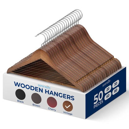 Wooden Coat Hangers 50-Pack Durable 360° Swivel Hook Natural Wood