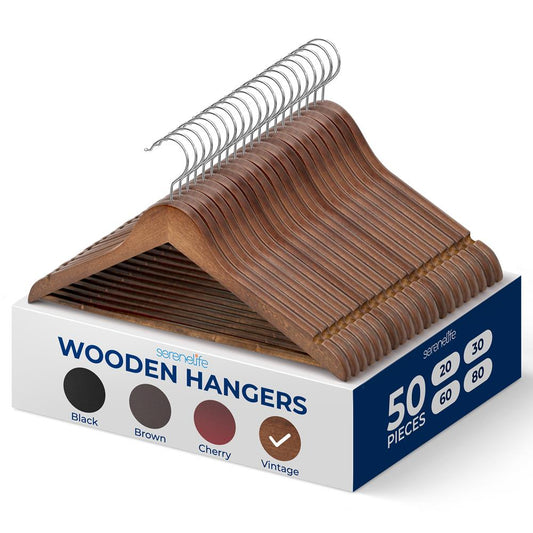 Wooden Coat Hangers 50-Pack Durable 360° Swivel Hook Natural Wood