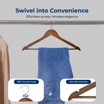 Wooden Coat Hangers 50-Pack Durable 360° Swivel Hook Natural Wood