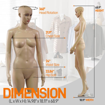 Full-Body Female Mannequin Adjustable Head Flexible Limbs 68.9 Tall