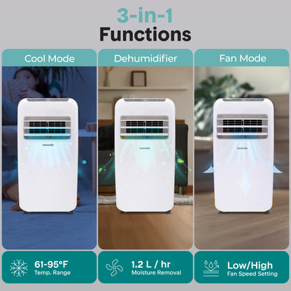 Portable Room Air Conditioner - 12000 Btu Compact Home A/C Cooling Unit With Built-In Dehumidifier & Fan Modes Includes Window Mount Kit (White) - SLPAC12.5EU