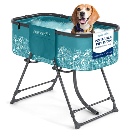 Portable Dog Bath Tub With Two Side Pockets And Built-In Drain System - Includes Three-Point Leash Restraint (Blue)
