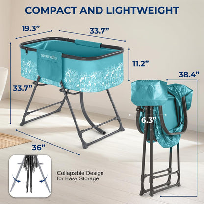 Portable Dog Bath Tub With Two Side Pockets And Built-In Drain System - Includes Three-Point Leash Restraint (Blue)