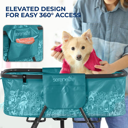 Portable Dog Bath Tub With Two Side Pockets And Built-In Drain System - Includes Three-Point Leash Restraint (Blue)