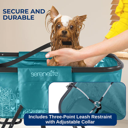 Portable Dog Bath Tub With Two Side Pockets And Built-In Drain System - Includes Three-Point Leash Restraint (Blue)