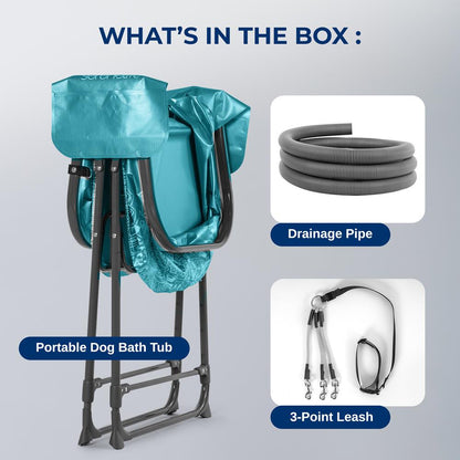 Portable Dog Bath Tub With Two Side Pockets And Built-In Drain System - Includes Three-Point Leash Restraint (Blue)