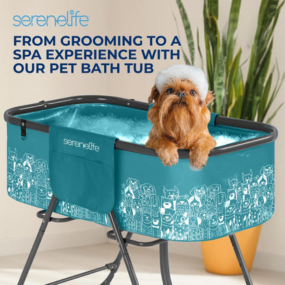 Portable Dog Bath Tub With Two Side Pockets And Built-In Drain System - Includes Three-Point Leash Restraint (Blue)