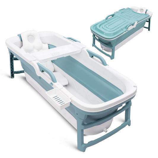 1.5M Foldable Bathtub Set - Includes Lid Tray Bag Stretch Drainage Pipe Bath Cushion And Massage Rollers For Indoor And Outdoor Use (Blue)