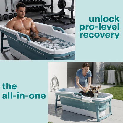 1.5M Foldable Bathtub Set - Includes Lid Tray Bag Stretch Drainage Pipe Bath Cushion And Massage Rollers For Indoor And Outdoor Use (Blue)
