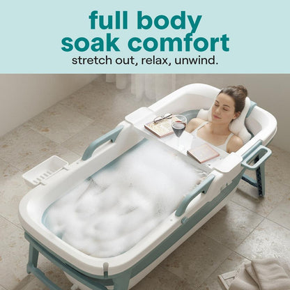 1.5M Foldable Bathtub Set - Includes Lid Tray Bag Stretch Drainage Pipe Bath Cushion And Massage Rollers For Indoor And Outdoor Use (Blue)