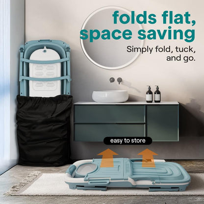1.5M Foldable Bathtub Set - Includes Lid Tray Bag Stretch Drainage Pipe Bath Cushion And Massage Rollers For Indoor And Outdoor Use (Blue)