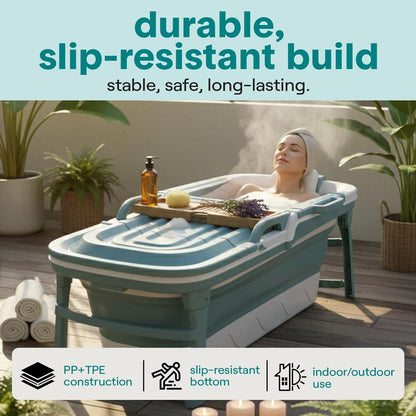 1.5M Foldable Bathtub Set - Includes Lid Tray Bag Stretch Drainage Pipe Bath Cushion And Massage Rollers For Indoor And Outdoor Use (Blue)