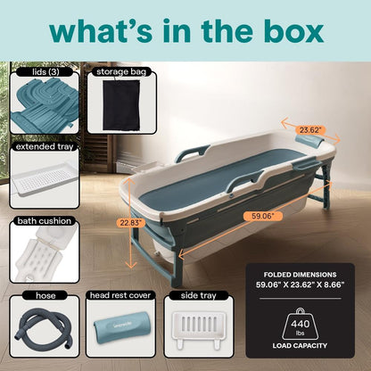 1.5M Foldable Bathtub Set - Includes Lid Tray Bag Stretch Drainage Pipe Bath Cushion And Massage Rollers For Indoor And Outdoor Use (Blue)