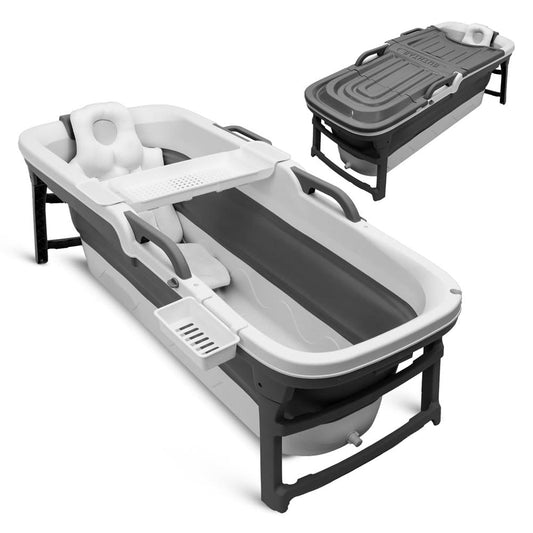 1.5M Foldable Bathtub Set - Includes Lid Tray Bag Stretch Drainage Pipe Bath Cushion And Massage Rollers For Indoor And Outdoor Use (Dark Gray)