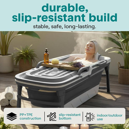 1.5M Foldable Bathtub Set - Includes Lid Tray Bag Stretch Drainage Pipe Bath Cushion And Massage Rollers For Indoor And Outdoor Use (Dark Gray)