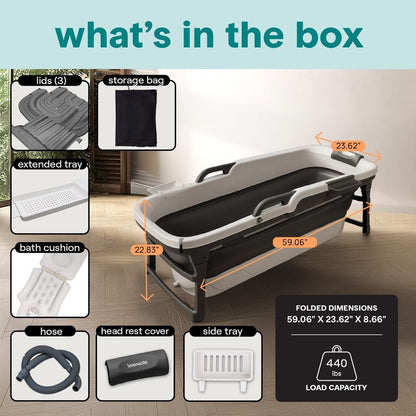 1.5M Foldable Bathtub Set - Includes Lid Tray Bag Stretch Drainage Pipe Bath Cushion And Massage Rollers For Indoor And Outdoor Use (Dark Gray)