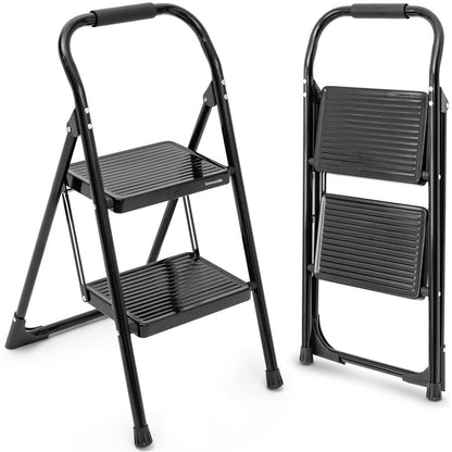 2-Step Folding Step Ladder With Wide Anti-Slip Pedal & Handrail – Sturdy Steel Lightweight & Portable Step Stool For Home & Office Use (White) - SLSTL2WH