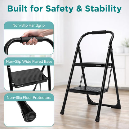 2-Step Folding Step Ladder With Wide Anti-Slip Pedal & Handrail – Sturdy Steel Lightweight & Portable Step Stool For Home & Office Use (White) - SLSTL2WH
