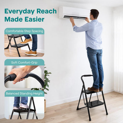 2-Step Folding Step Ladder With Wide Anti-Slip Pedal & Handrail – Sturdy Steel Lightweight & Portable Step Stool For Home & Office Use (White) - SLSTL2WH