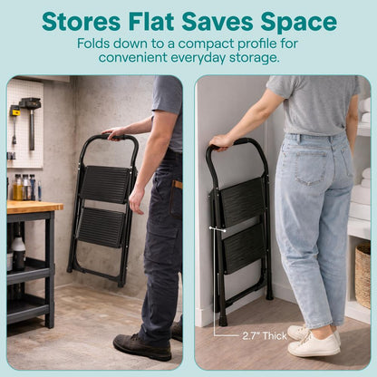 2-Step Folding Step Ladder With Wide Anti-Slip Pedal & Handrail – Sturdy Steel Lightweight & Portable Step Stool For Home & Office Use (White) - SLSTL2WH