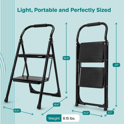 2-Step Folding Step Ladder With Wide Anti-Slip Pedal & Handrail – Sturdy Steel Lightweight & Portable Step Stool For Home & Office Use (White) - SLSTL2WH