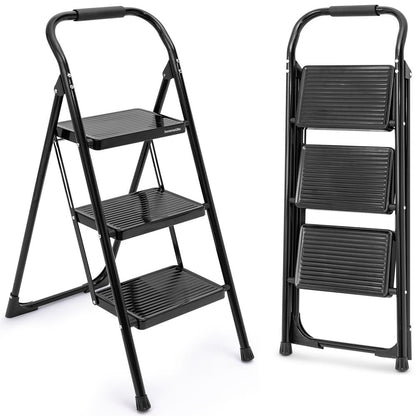 3-Step Folding Step Ladder With Wide Anti-Slip Pedal & Handrail – Sturdy Steel Lightweight & Portable Step Stool For Home & Office Use (White) - SLSTL3WH