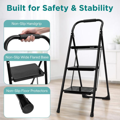 3-Step Folding Step Ladder With Wide Anti-Slip Pedal & Handrail – Sturdy Steel Lightweight & Portable Step Stool For Home & Office Use (White) - SLSTL3WH