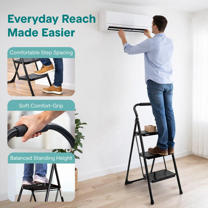 3-Step Folding Step Ladder With Wide Anti-Slip Pedal & Handrail – Sturdy Steel Lightweight & Portable Step Stool For Home & Office Use (White) - SLSTL3WH