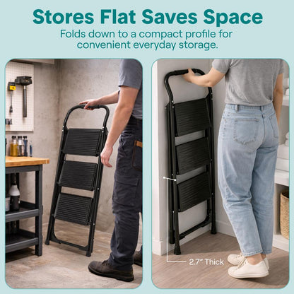 3-Step Folding Step Ladder With Wide Anti-Slip Pedal & Handrail – Sturdy Steel Lightweight & Portable Step Stool For Home & Office Use (White) - SLSTL3WH