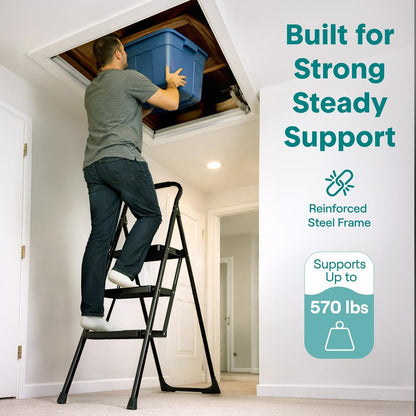 3-Step Folding Step Ladder With Wide Anti-Slip Pedal & Handrail – Sturdy Steel Lightweight & Portable Step Stool For Home & Office Use (White) - SLSTL3WH