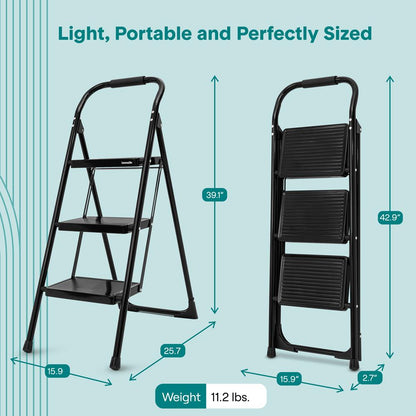 3-Step Folding Step Ladder With Wide Anti-Slip Pedal & Handrail – Sturdy Steel Lightweight & Portable Step Stool For Home & Office Use (White) - SLSTL3WH