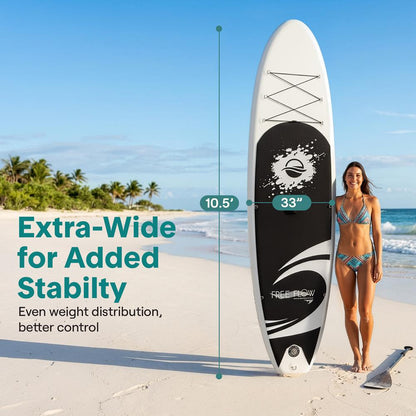 Free-Flow Welded Inflatable Stand-Up Paddle-Board With Double-Action Hand Pump 3-Shaft Aluminum Paddle Leash Fin Repair Kit And Backpack (Black) - SLSUPB16